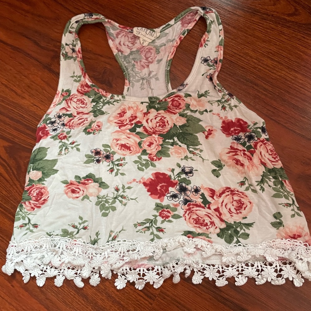 Floral tank top with flowers hanging at bottom